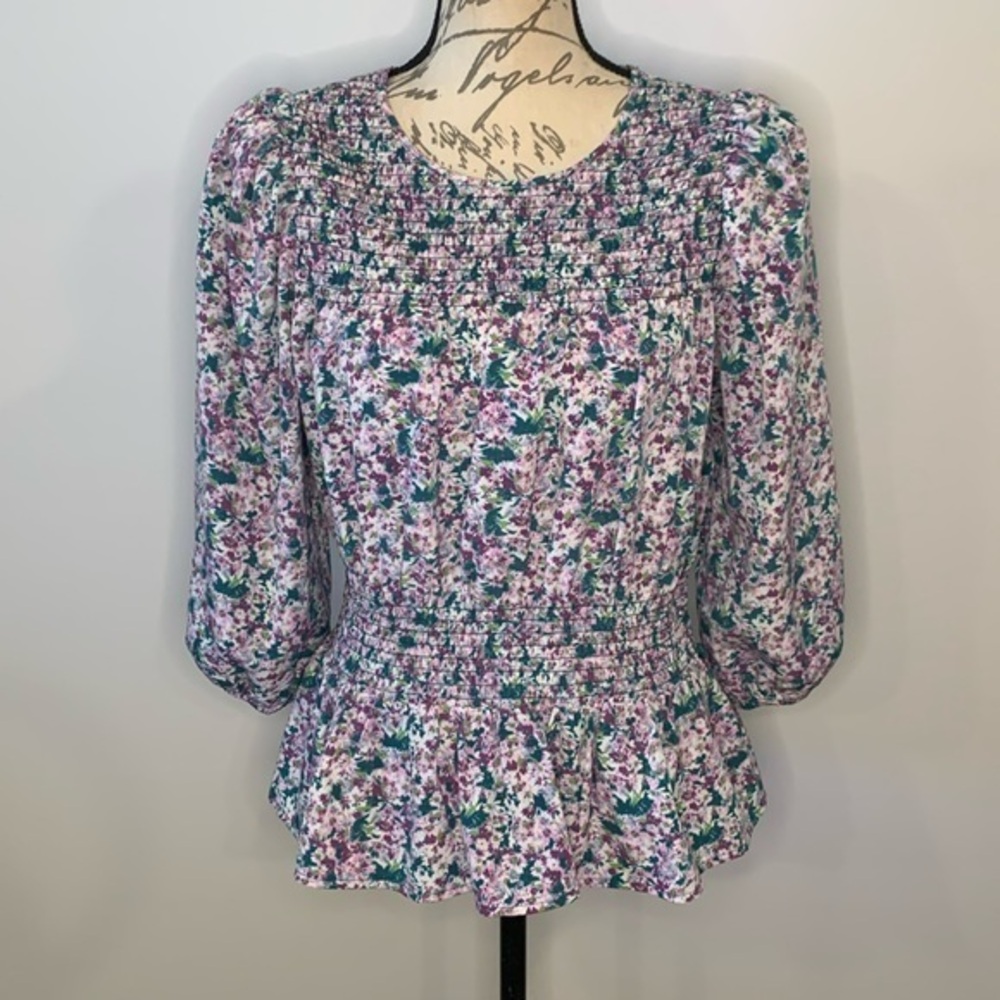 Pleione floral smocked puff sleeve peplum top M